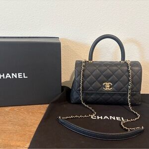 Chanel Black coco Handle Flap Bag with light Gold hardware